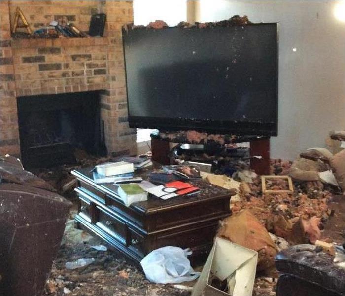 living room, tv, fireplace, fire damage and debris